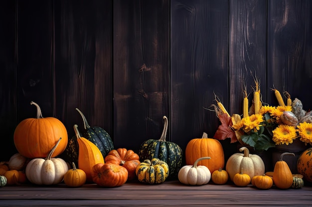 Autumn Harvest and Holiday still life Selection of various pumpkins on dark wooden background with copy space Autumn vegetables and seasonal decorations Ai generative