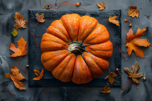 Photo autumn harvest pumpkin with maple leaves seasonal decoration for fall