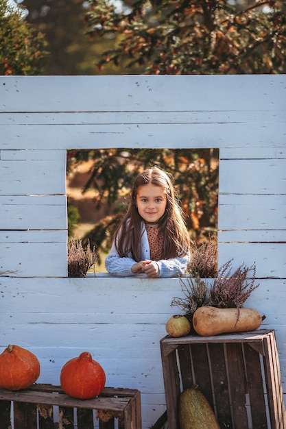 Autumn harvest of pumpkins Child and orange pumpkin at farm market or seasonal festival Cute little girl playing among pumpkins Thanksgiving holiday season and Halloween