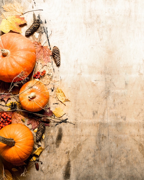 Autumn harvest. Ripe pumpkin with leaves. On wooden background.