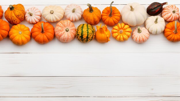 Autumn harvest side border with pumpkins leaves