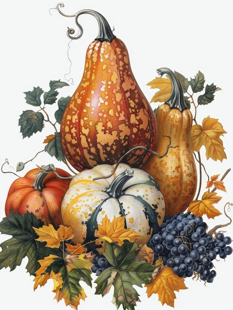 Autumn Harvest Still Life with Gourds and Grapes