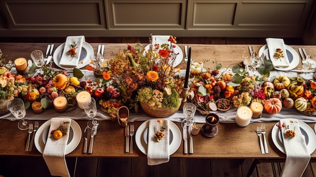 Autumn holiday tablescape formal dinner table setting table scape with elegant autumnal floral decor for wedding party and event decoration idea