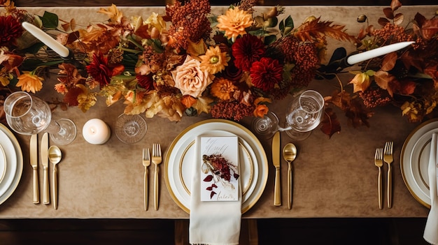 Autumn holiday tablescape formal dinner table setting table scape with elegant autumnal floral decor for wedding party and event decoration idea