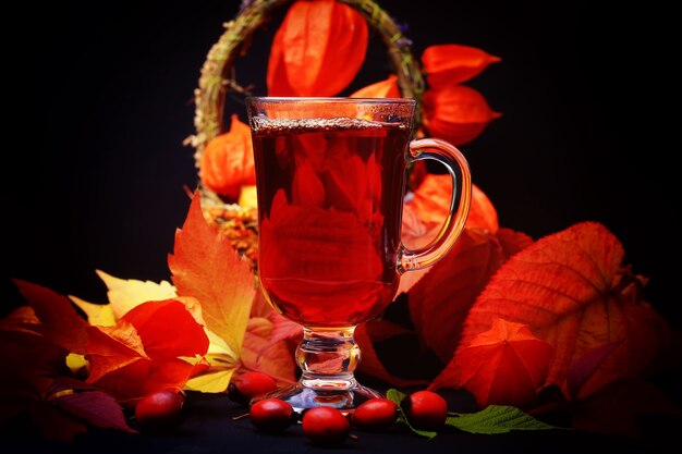 Autumn hot drink with wild rose on wooden background retro rustic style physalis in a basket