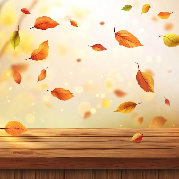 Autumn Illustration background with a wooden table Autumn Nature Background with Colorful Leaves