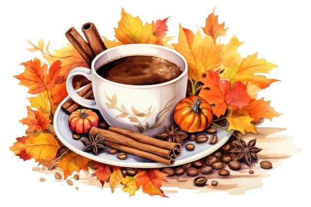 Autumn illustration with coffee cup pumpkin yellow leaves and coffee beans on white background