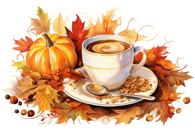 Autumn illustration with coffee cup pumpkin yellow leaves and coffee beans on white background