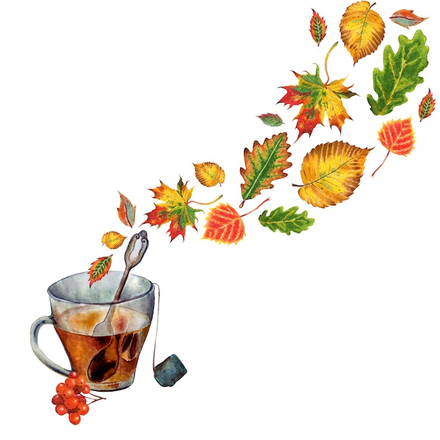 autumn illustration with a cup of hot tea and leaves in the form of steam watercolor image