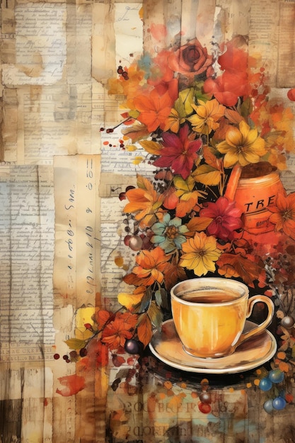 Autumn illustration with flowers and tea cup