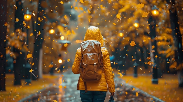 Photo autumn journey woman in yellow jacket walking through a park with falling leaves perfect for seasonal design posters and cards