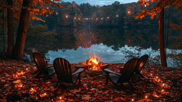 Photo autumn lakeside campfire with adirondack chairs around fire pit image ai generated