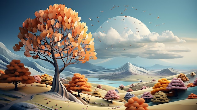 Autumn landscape background with tree cartoon style illustration