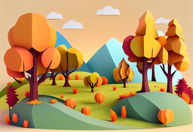 Autumn landscape background with trees 3d cartoon style Generative Ai