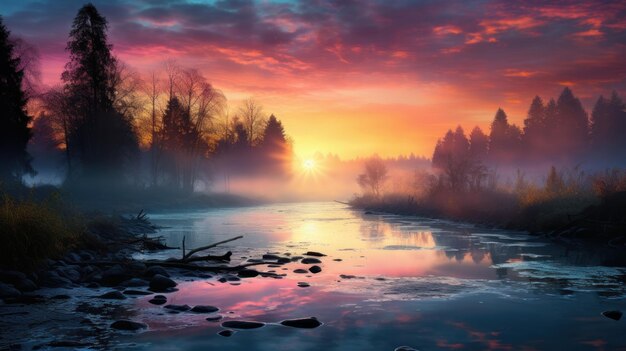 autumn landscape foggy forest and river