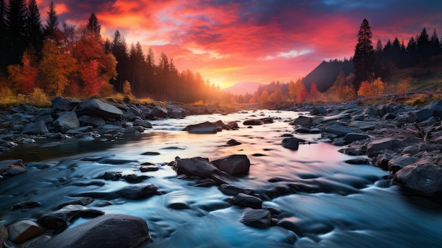 autumn landscape foggy forest and river