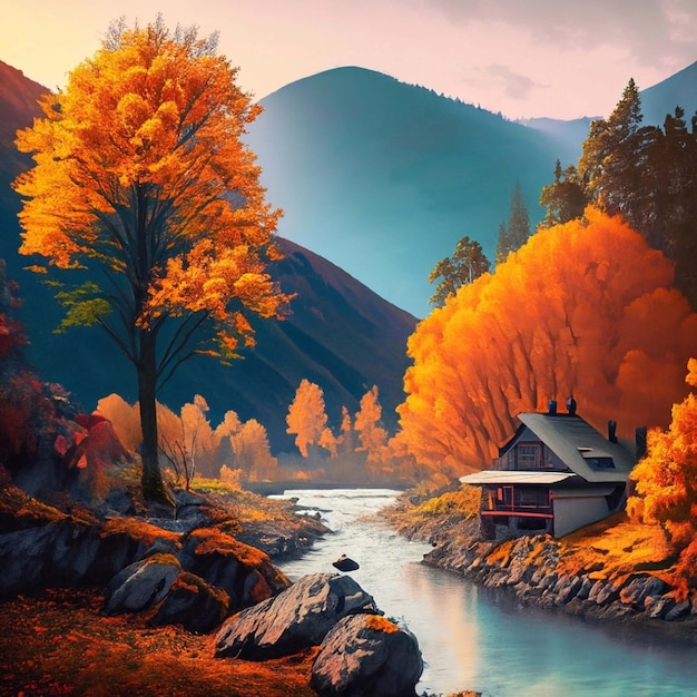 Autumn landscape house in forest with mountain river among orange trees