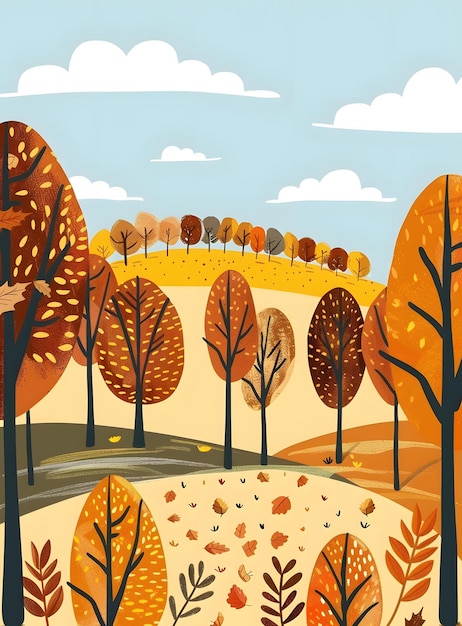 Photo autumn landscape illustration with trees and fallen leaves