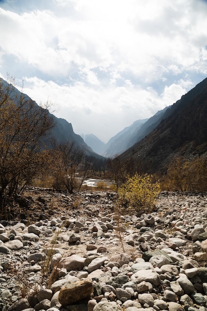 Autumn landscape above mountain pass, National park Ala Arch, Kyrgyzstan.