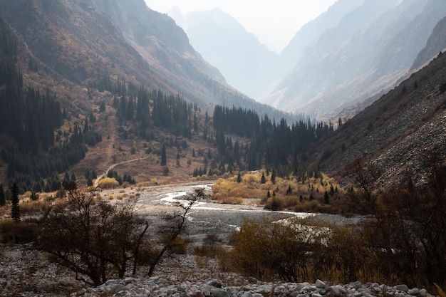 Autumn landscape above mountain pass, National park Ala Arch, Kyrgyzstan.