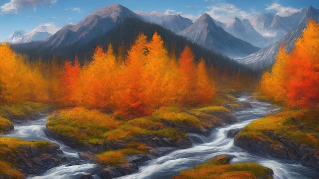 Autumn landscape of mountains yellow orange foliage of trees Autumn has come the forest is in fiery colors 3d illustration