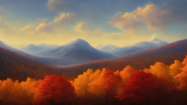 Autumn landscape of mountains yellow orange foliage of trees Autumn has come the forest is in fiery colors 3d illustration