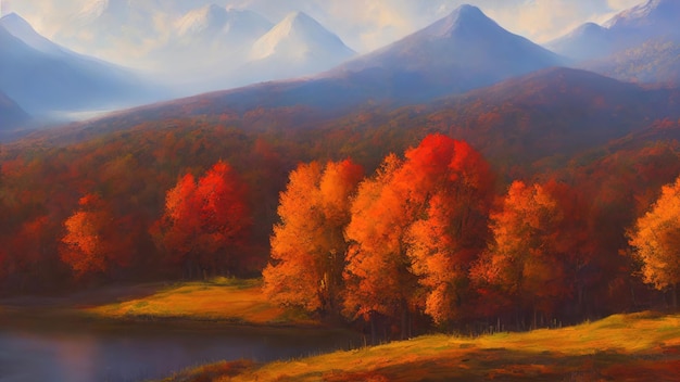 Autumn landscape of mountains yellow orange foliage of trees Autumn has come the forest is in fiery colors 3d illustration