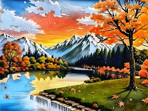 Autumn landscape paintings with mountains, rivers, trees and beautiful nature.