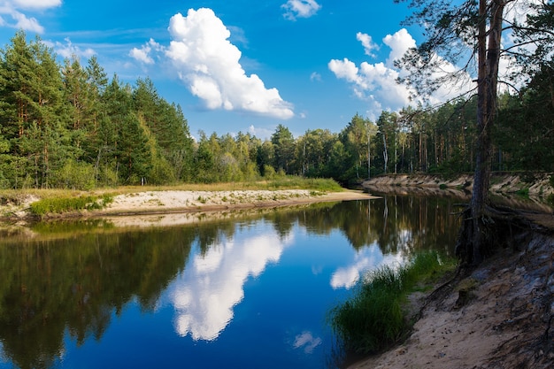 Autumn landscape. The river flows through the forest, blue sky with clouds.