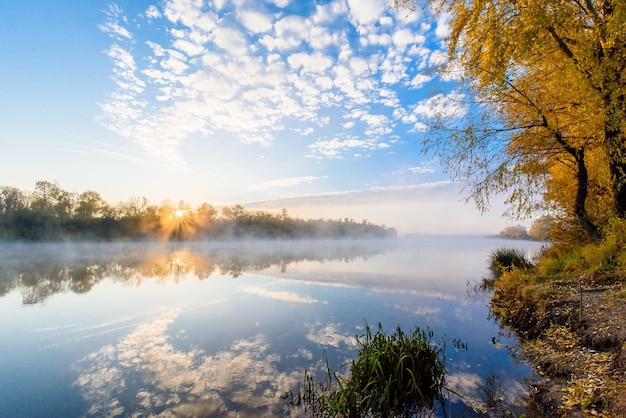 Autumn landscape river in the morning fog over the water panorama of the river in autumn