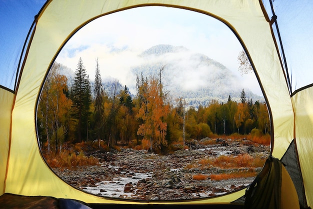 autumn landscape view from the tent tourism