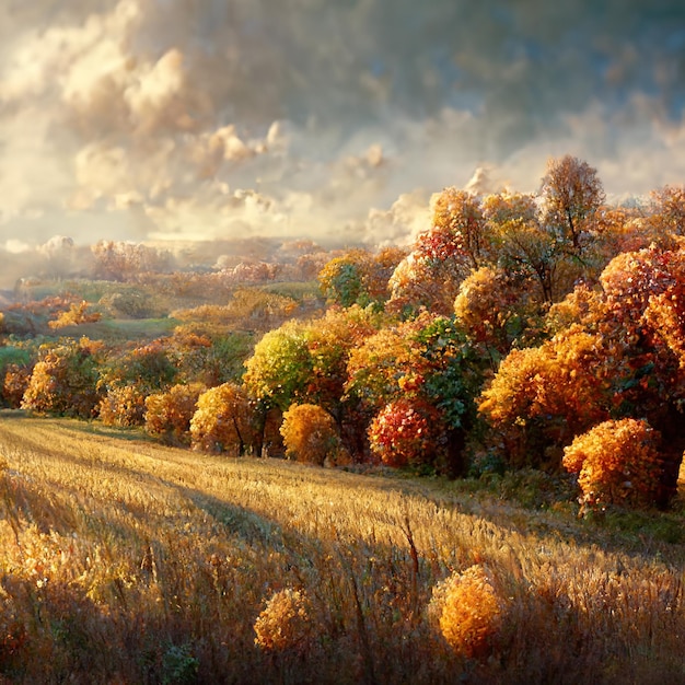 Autumn landscape with autumn trees idyllic and peaceful amazing nature scenery 3D illustration