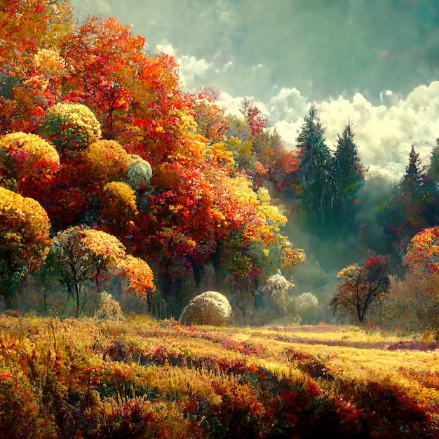 Autumn landscape with autumn trees idyllic and peaceful amazing nature scenery 3D illustration