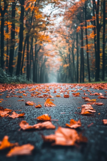 Autumn landscape with dried red leaves forest road and yellow trees Turkey