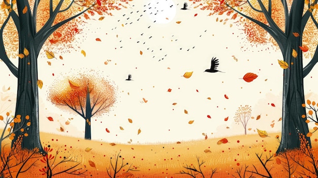 Photo autumn landscape with falling leaves and birds