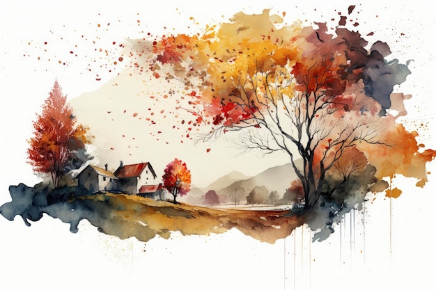 Autumn Landscape with Falling Leaves in Watercolors