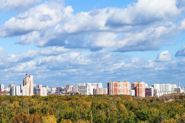 Autumn landscape with forest and city in sunny day