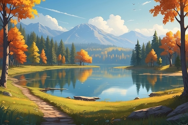 Autumn landscape with lake forest and hills