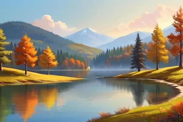 Autumn landscape with lake forest and hills