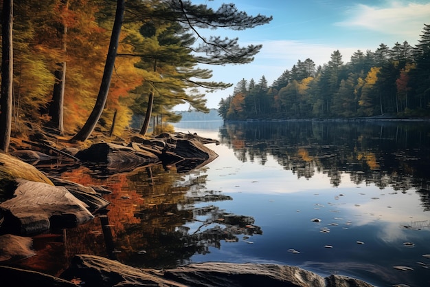 Autumn landscape with lake forest and reflection on water Colorful autumn landscape