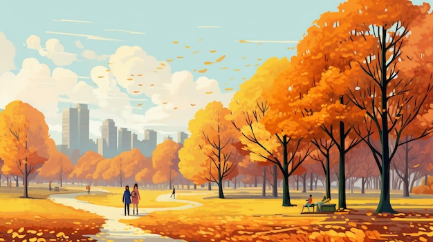 Autumn landscape with people walking in a city park New York Central park