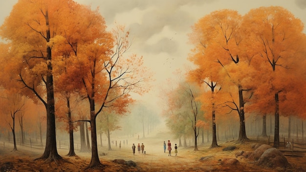 Autumn landscape with people walking in a city park New York Central park