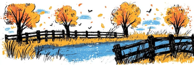 Autumn Landscape with River and Fence