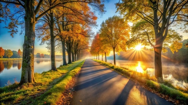 autumn landscape with a road by the lake