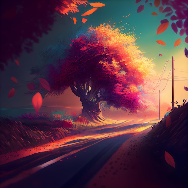 Autumn landscape with road and tree illustration Eps 10