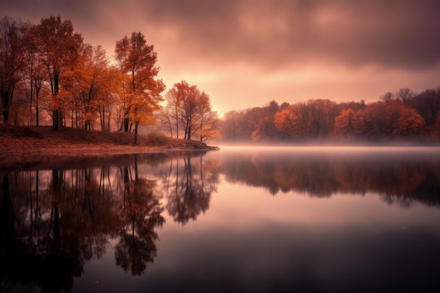 Photo autumn landscape with trees in colorful autumn leaves near a lake on foggy morning