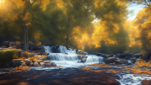 Autumn landscape with waterfall on the river against the background of forest with yellow golden trees Generation AI