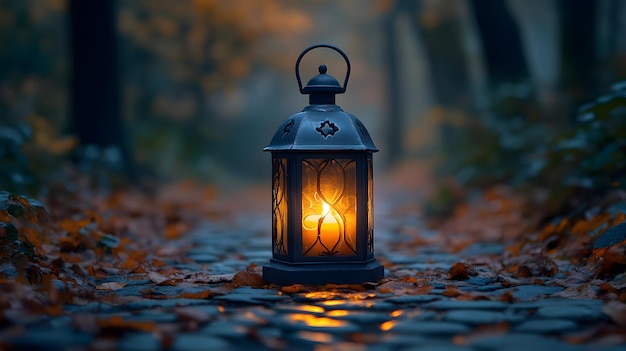 Autumn Lantern on a Stone Path Realistic Photography