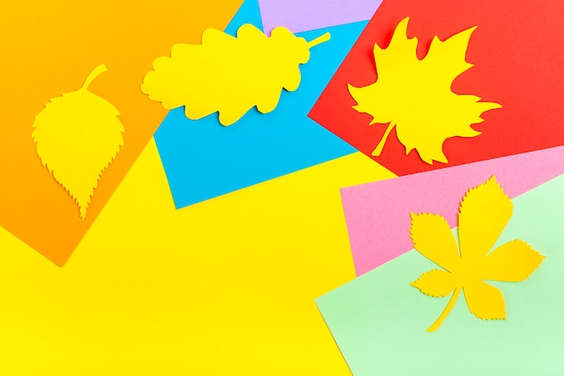 autumn leaf cut out of yellow paper on background of colored paper