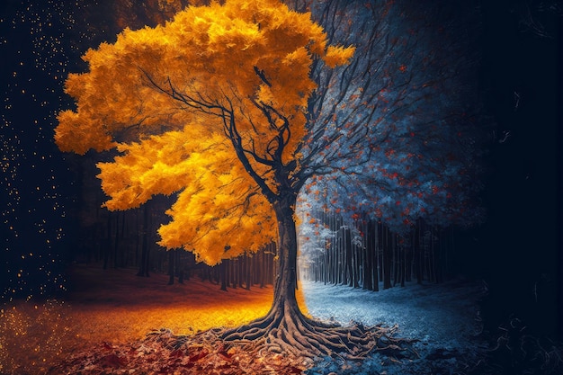 Autumn leaf fall and yellowed tree in forest created with generative ai